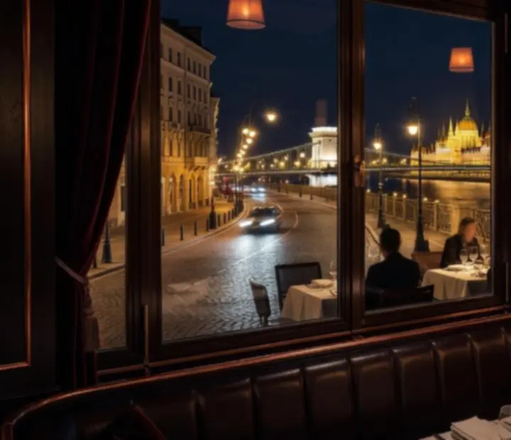 Budapest esti városképe, fénnyel megvilágított hidakkal és elegáns városi hangulattal
