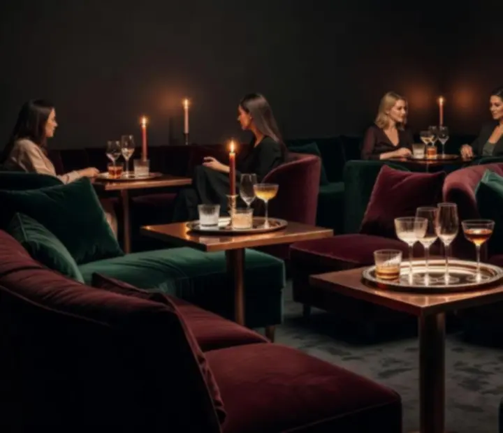 Elegáns, sötét tónusú bár lounge intim asztalokkal és hangulatvilágítással