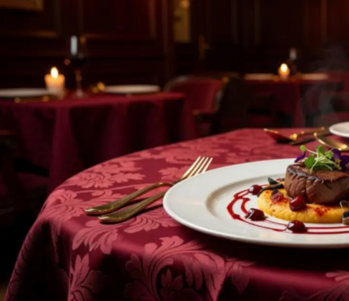 Fine dining fogások és borospoharak sötét, hangulatos gasztroenteriőrben.