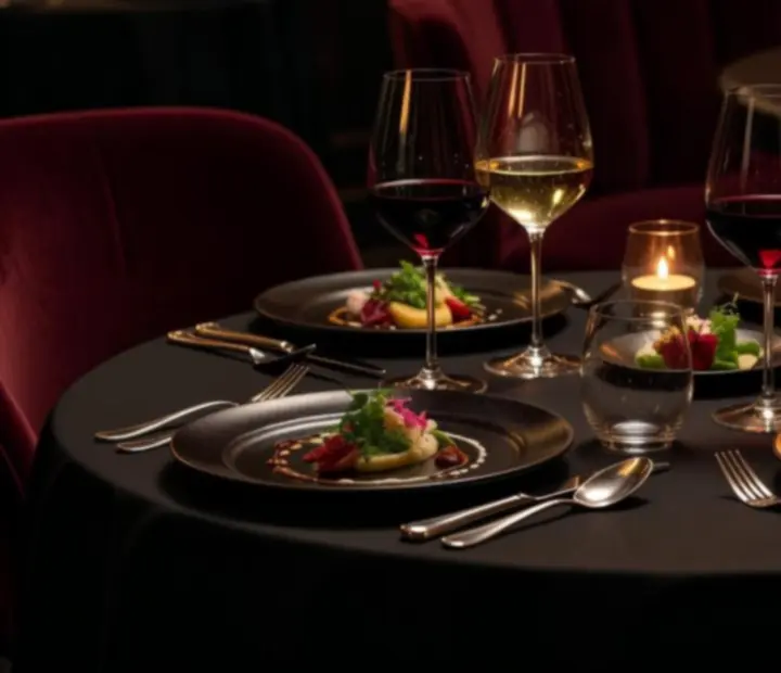 Gourmet vacsora elegáns terítékkel egy budapesti étteremben, háttérben diszkrét pókerasztallal